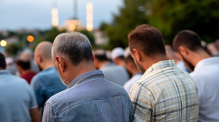 Community prayer gathering urban park event photography evening atmosphere close-up view cultural unity