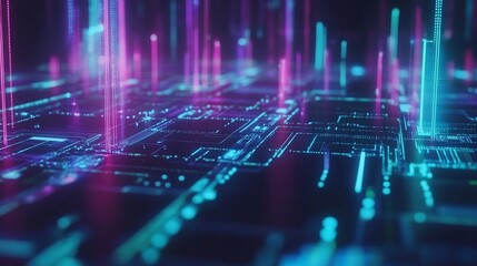 Futuristic digital data streams flow across circuit board