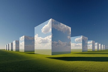 Modern reflective cubes in an open field under a clear blue sky with soft clouds.