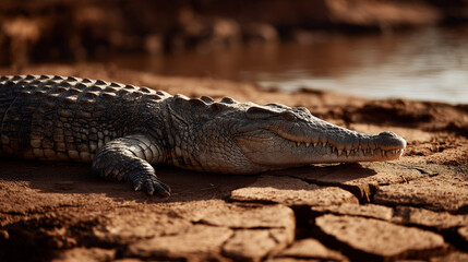 Fototapeta premium A crocodile resting by the Nile River bank, surrounded by natural vegetation and calm water, showcasing the wild beauty of African wildlife in its natural habitat.
