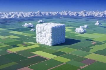A surreal cloud resembling a cube floating above vibrant green fields and blue sky.