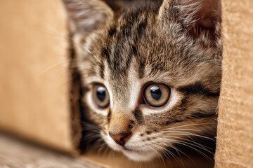 Curious Cat Peeking Out of a Cardboard Box in Close-Up View