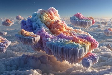 Surreal floating islands crafted from vibrant, fluffy clouds against a serene sky.