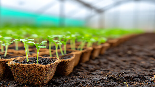 Growing green young seedlings in a greenhouse agriculture scene fertile environment close-up view for sustainable gardening