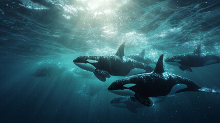 Obraz premium A pod of orcas swimming gracefully in the ocean, showcasing their sleek black and white bodies in clear blue water, symbolizing marine life and wildlife beauty.