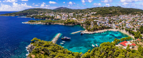 Idyllic Greek islands - Alonissos, Sporades. Charming village Votsi with beautiful bay and beach popular destination for sailboats. Greece travel