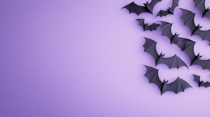 Black bats flying on a purple background for Halloween decor