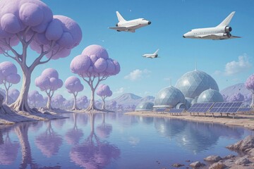 Futuristic landscape featuring spacecraft and vibrant pink trees by a serene water body.