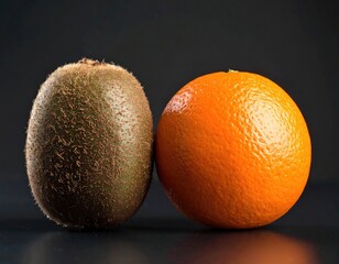 Two fruits, kiwi and orange, on a dark background