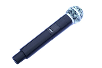 Wireless microphone on white background, sleek modern design and convenience for public speaking,...