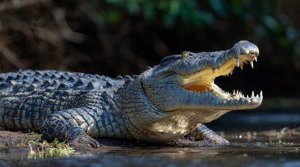 Obraz premium A crocodile resting with its mouth open on the riverbank, surrounded by natural habitat and calm water, showcasing wildlife and reptile behavior in a serene environment.