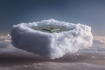 An aerial view of a surreal cloud enveloping a modern urban structure.