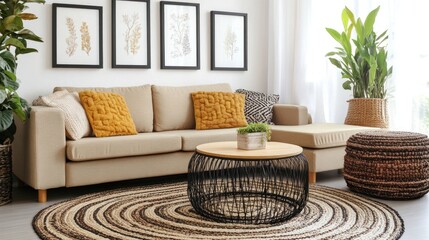 A cozy living room with a beige sofa, patterned rug, and coffee table.
