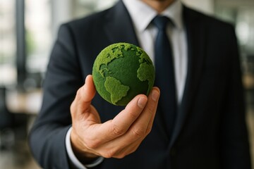 A businessman holds a green Earth model, symbolizing sustainability and eco-consciousness.