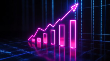 Naklejka premium Neon pink upward trending bar graph chart with arrow on dark background.
