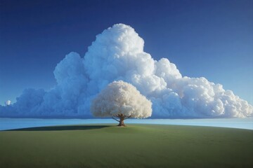 A solitary tree stands vibrant against a backdrop of dramatic clouds and blue sky.