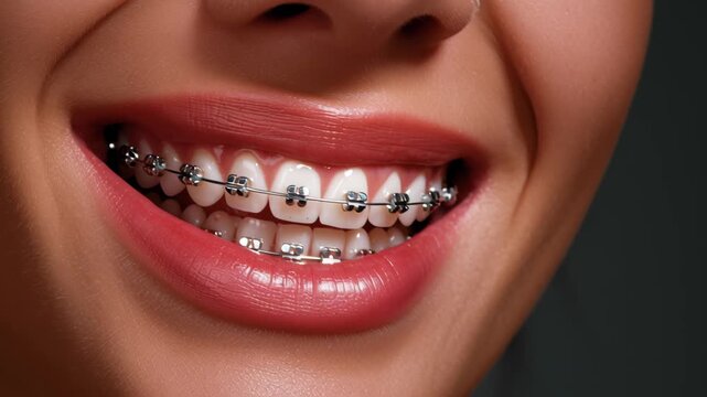 Close up of [smile] with [metal] braces on [teeth], healthy [lips], and gums showing confident [orthodontic] and [dental] care