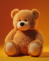 Obraz premium Cute orange teddy bear sitting alone, soft plush texture, cozy toy for kids or decoration, bright warm color, perfect for gifts, childhood memories, and comfort moments.