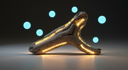 Illuminated Wooden Sculpture with Blue Light Orbs Modern Artistic Decor