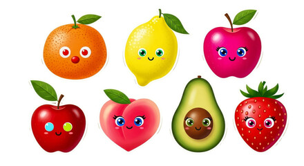 Set of vibrant and cheerful fruit stickers with cute faces including orange lemon apple peach avocado and strawberry on a light background