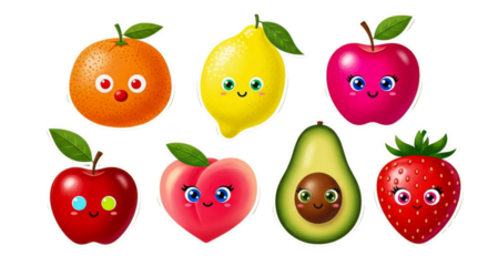 Set of vibrant and cheerful fruit stickers with cute faces including orange lemon apple peach avocado and strawberry on a light background