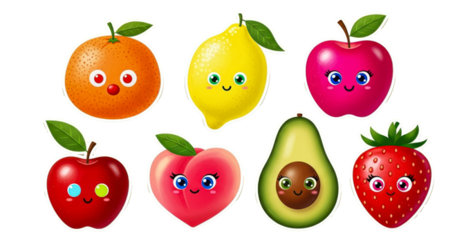 Set of vibrant and cheerful fruit stickers with cute faces including orange lemon apple peach avocado and strawberry on a light background