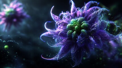 Microscopic alien flora blooms in dark nebula, scientific visualization