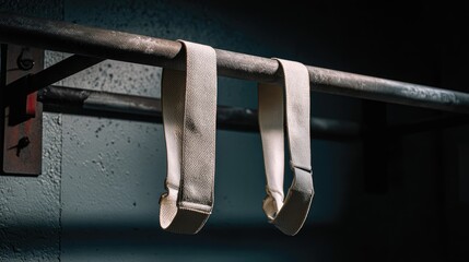 Two light beige exercise bands hang from a metal bar