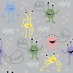Monster seamless pattern with lettering. Halloween background. Vector illustration