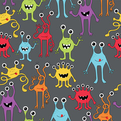 Monster Halloween seamless pattern. Cute cartoon characters in simple hand drawn style. Digital paper for wallpaper, fabric textile, wrapping paper.