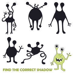 Find the correct shadow. Educational illustration for children. Vector illustration of cute monster