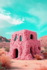 A whimsical pink fur-covered structure amidst a stunning desert landscape.