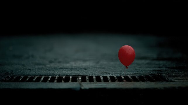  a single ominous red balloon floats In the shadowy gloom of a desolate street