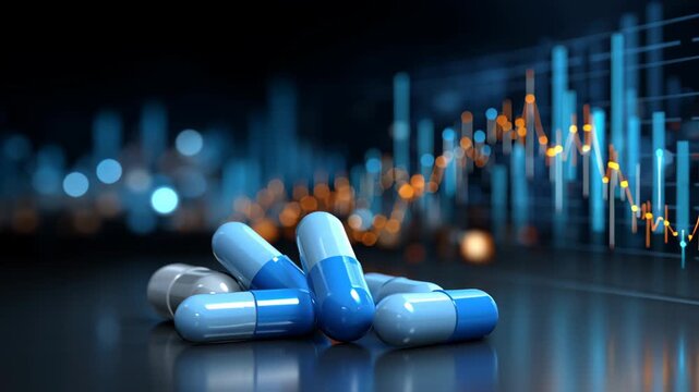 Blue capsule pill medicine pharmaceutical healthcare medical drug treatment health capsule shiny reflective financial graph, pharmaceuticals, health economics, and market dynamics