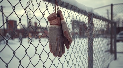 Knitted gloves hang on a snowy chain-link fence