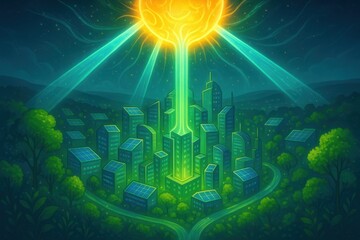 A vibrant city powered by renewable energy under a radiant sun, showcasing modern architecture.