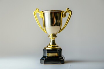 Fototapeta premium Golden trophy cup isolated on clean white background, studio lighting, minimal shadow, award concept.