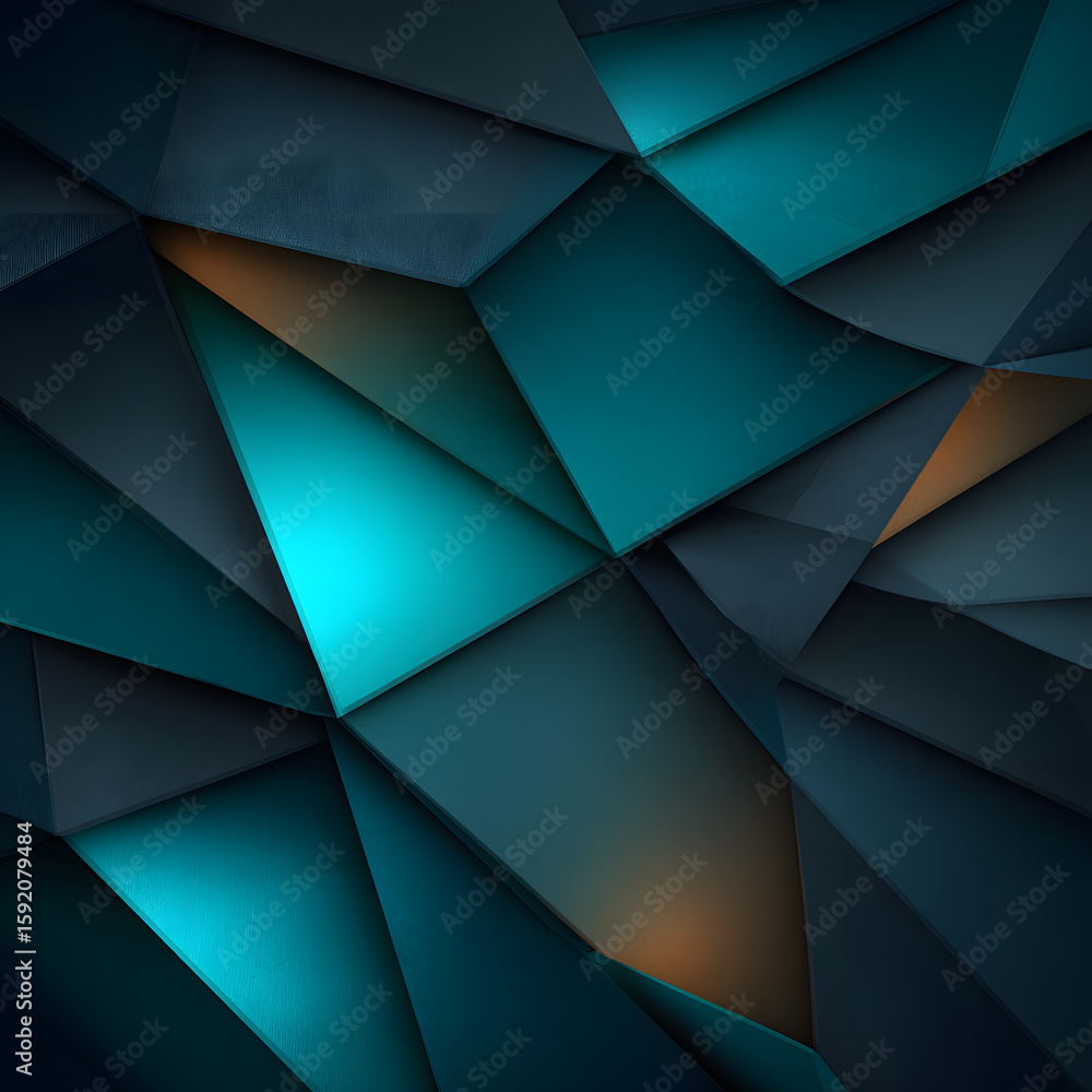 Poster a dark teal geometric background featuring sharp angles and overlapping polygons, creating a dynamic