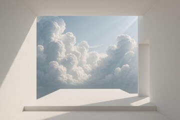 Modern architectural space with a view of clouds and sunlight streaming in.