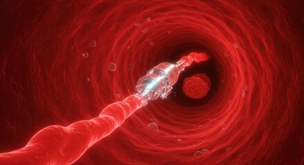 Illustration of a Microbial Cell with a Bacterial Flagellum Inside a Blood Vessel