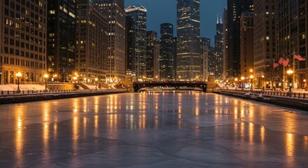 Chicago River under the grip of winter: A city skyline in tranquil reflection