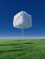 A surreal tree made of clouds rising from an expansive green landscape under a blue sky.