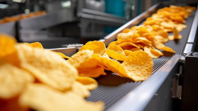 Potato chip snack production with crispy golden chips moving on conveyor belt in food factory for efficient food processing