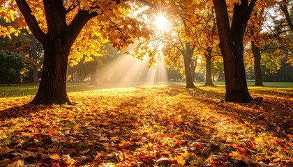 Sunlit Autumn Park Landscape with Golden Leaves