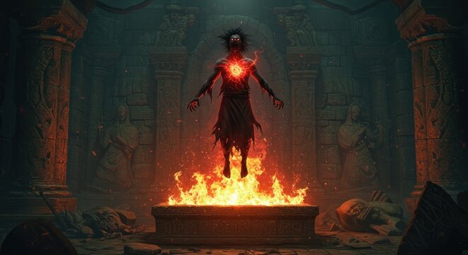 Enigmatic summoning ritual of a dark figure within an ancient stone chamber