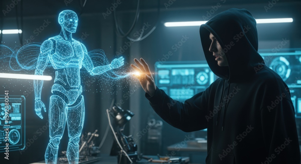 Poster man interacting with a holographic robot in a futuristic laboratory setting.