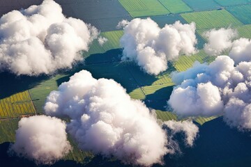 Aerial view of lush fields covered by captivating white clouds and vibrant landscapes.