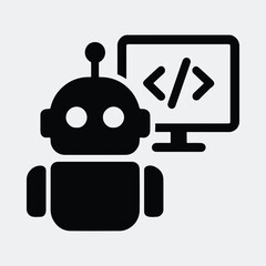 Silhouette robot coding on computer screen vector illustration