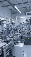Industrial Robotic Arms in Modern Manufacturing Factory with Automated Assembly Line