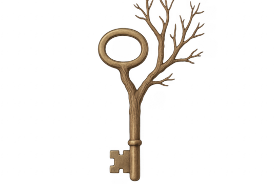 Key shaped like a bare tree growing on transparent background